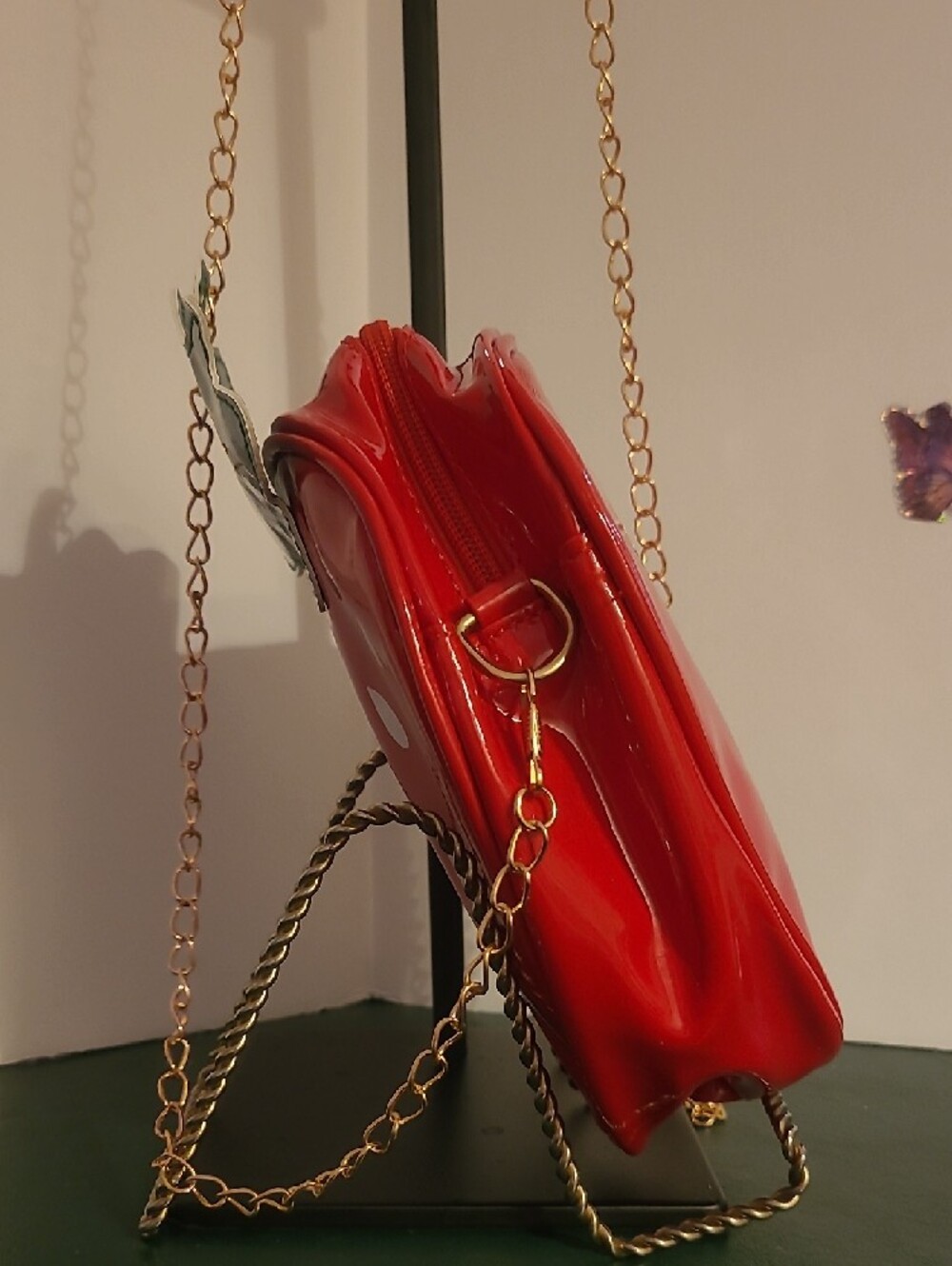 Strawberry Shaped Crossbody Bag - Red & Green 21.25 Inch Long Strap - Picture 4 of 6
